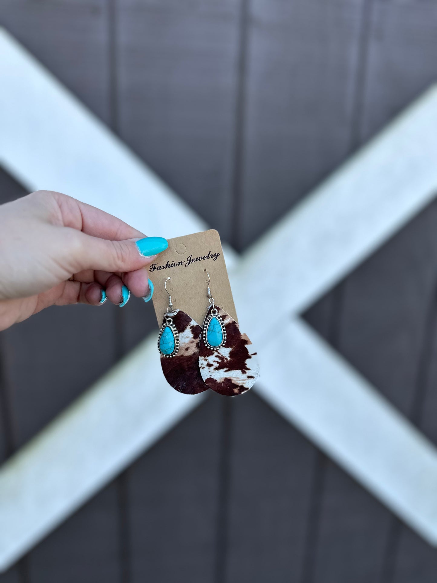 Western Cowhide Earrings Turquoise Pendant