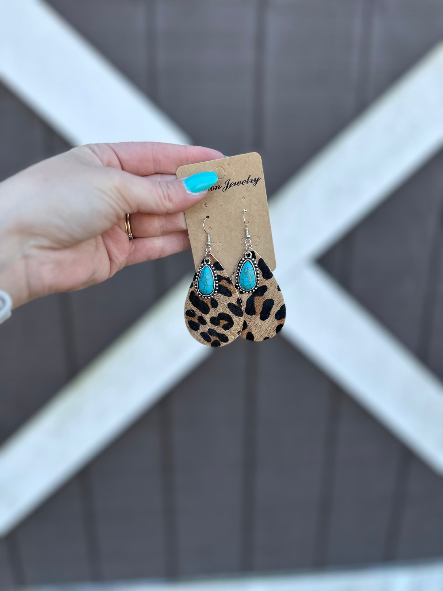Western Cowhide Earrings Turquoise Pendant