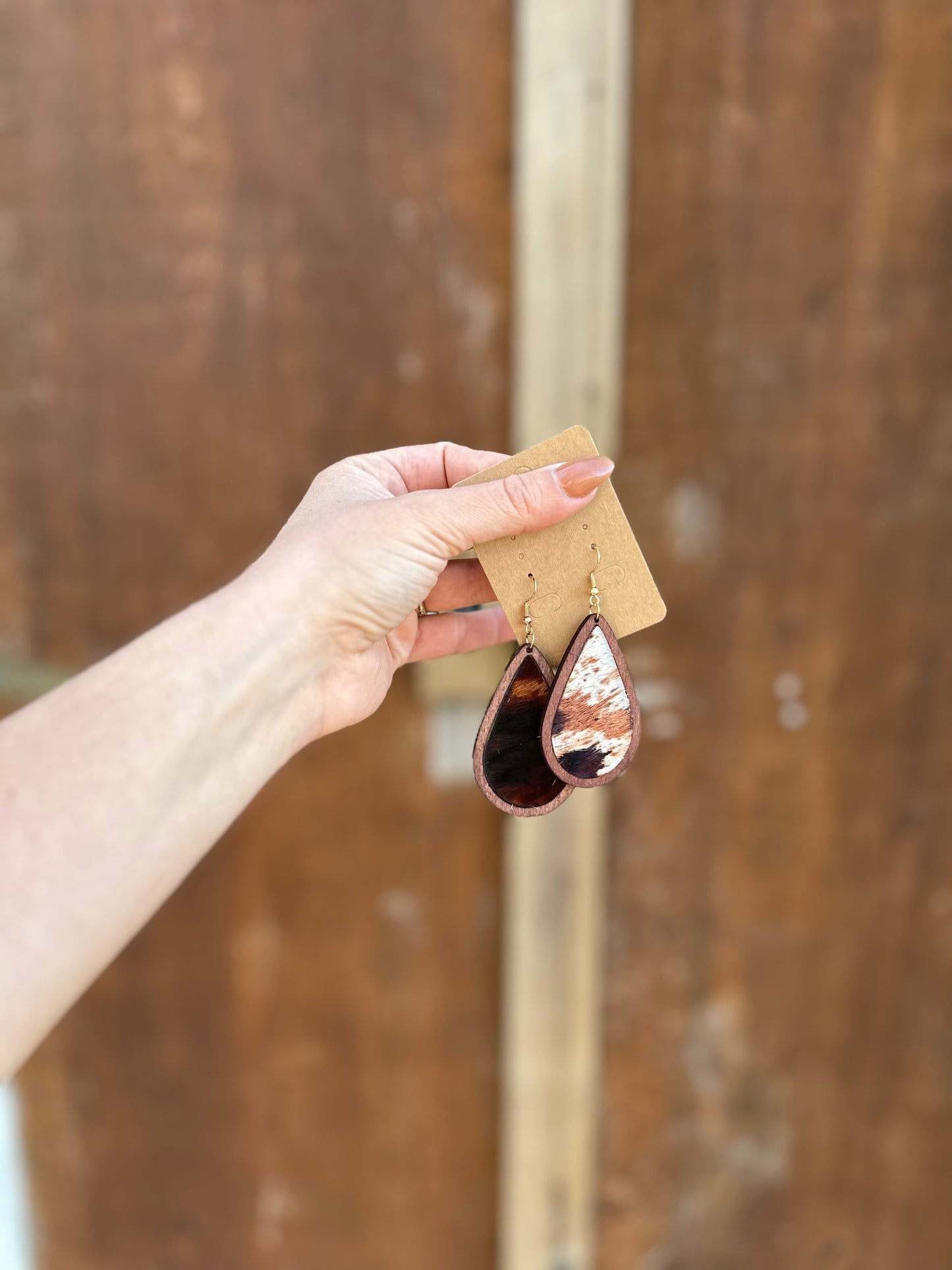 Cowhide Wooden Drop Earrings