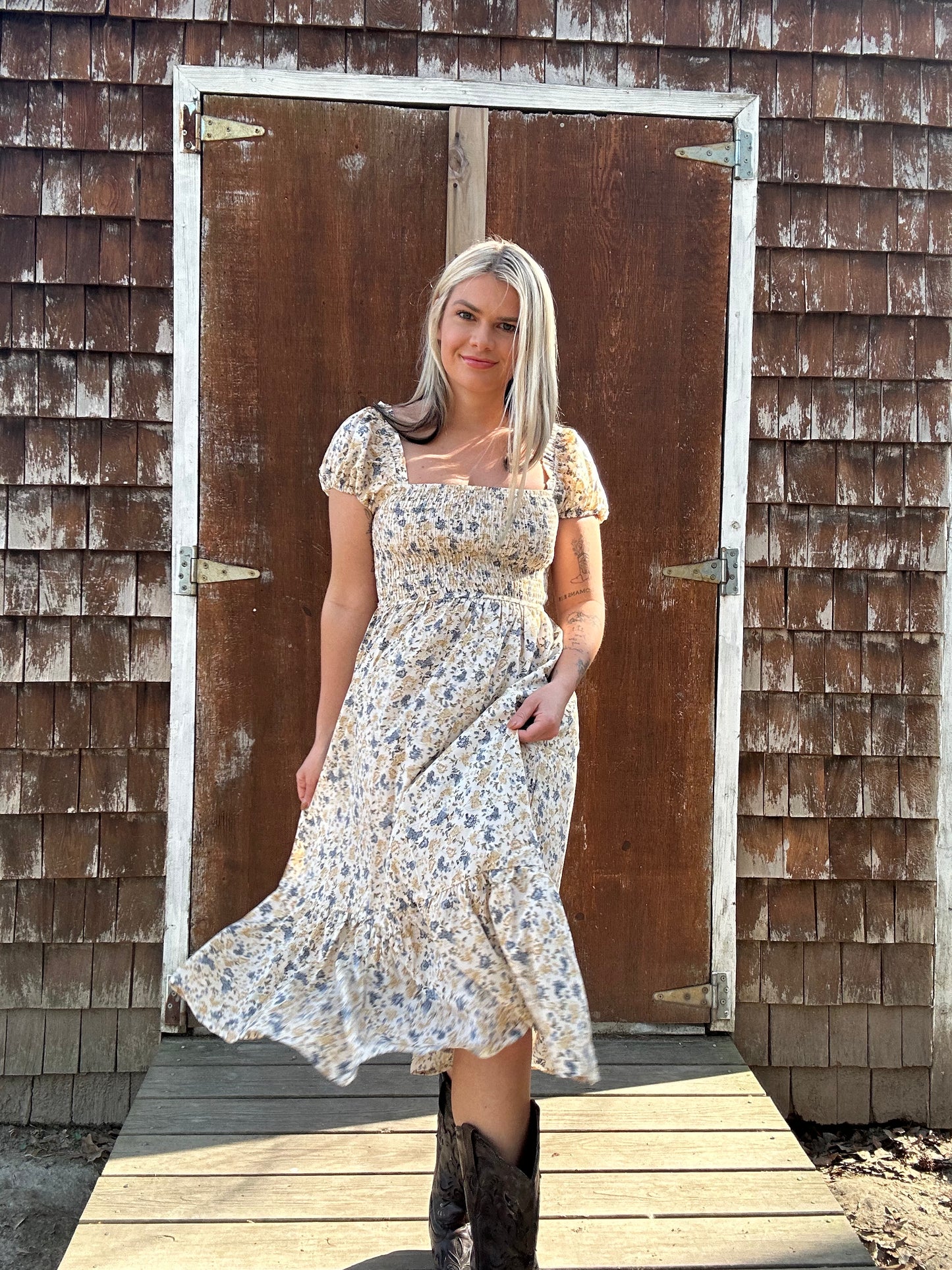 Puff Sleeve Floral Midi Dress