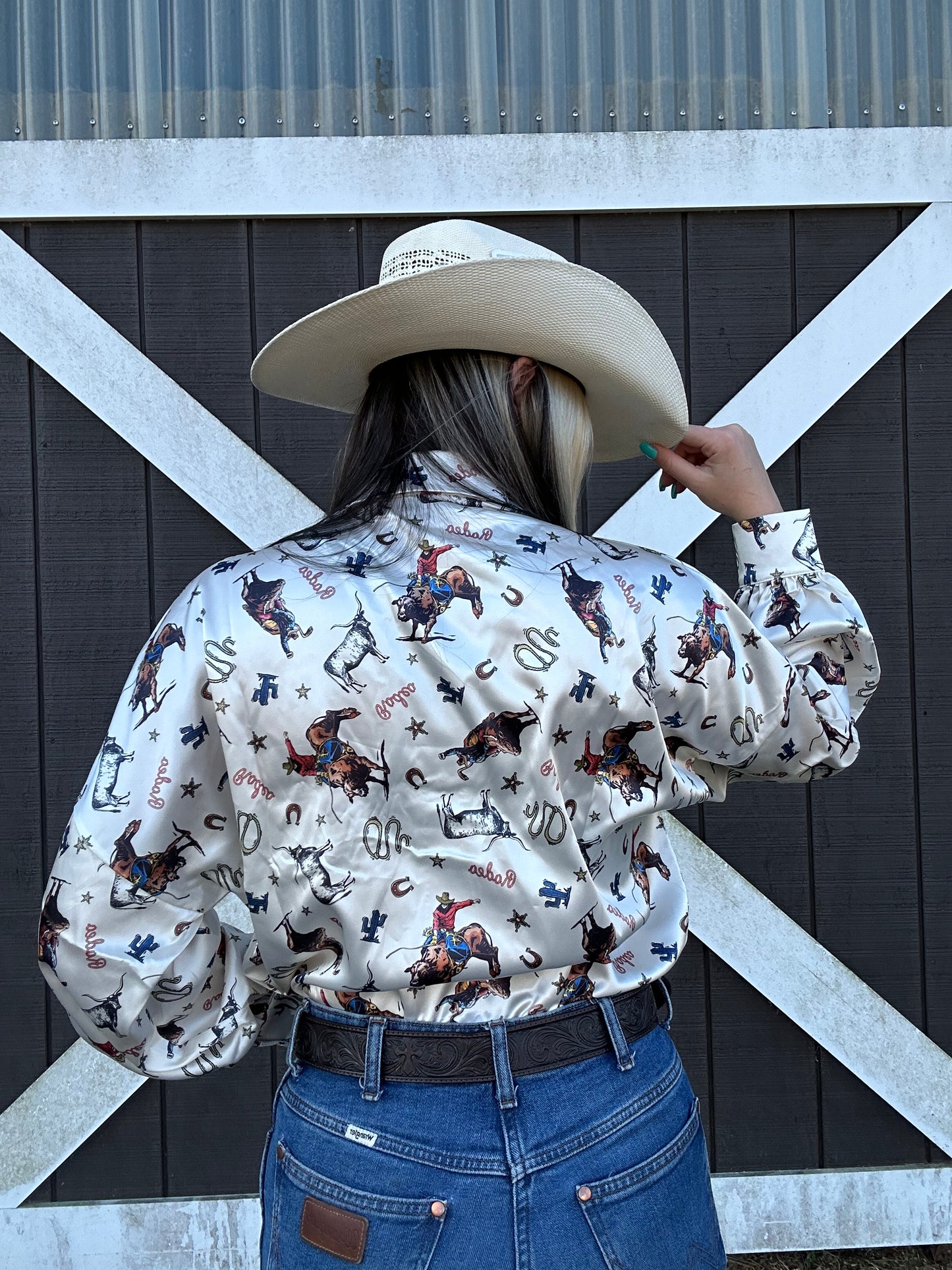 Satin Western Print Button Down