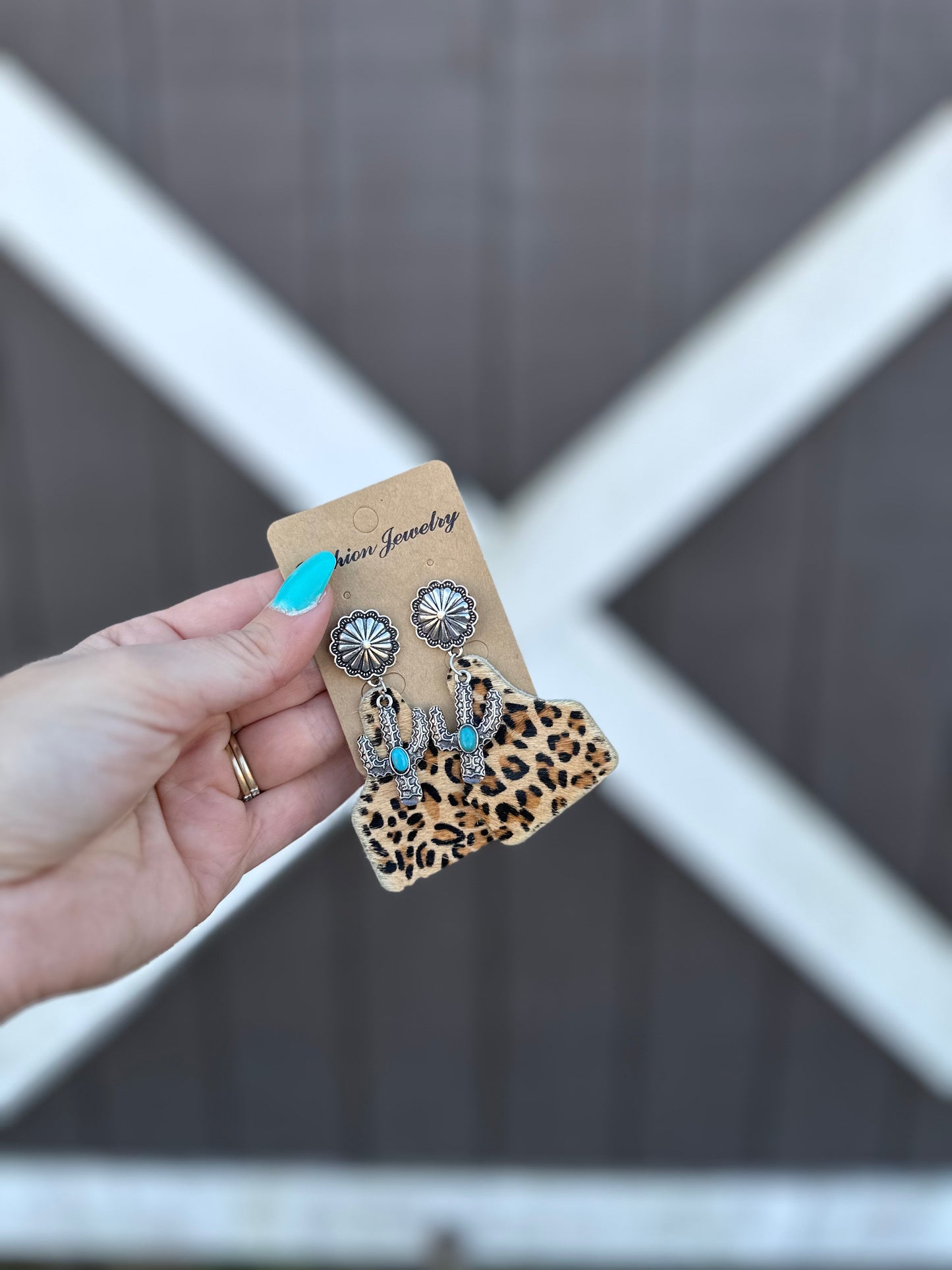 Western Animal Print Leather Cactus Turquoise Earrings