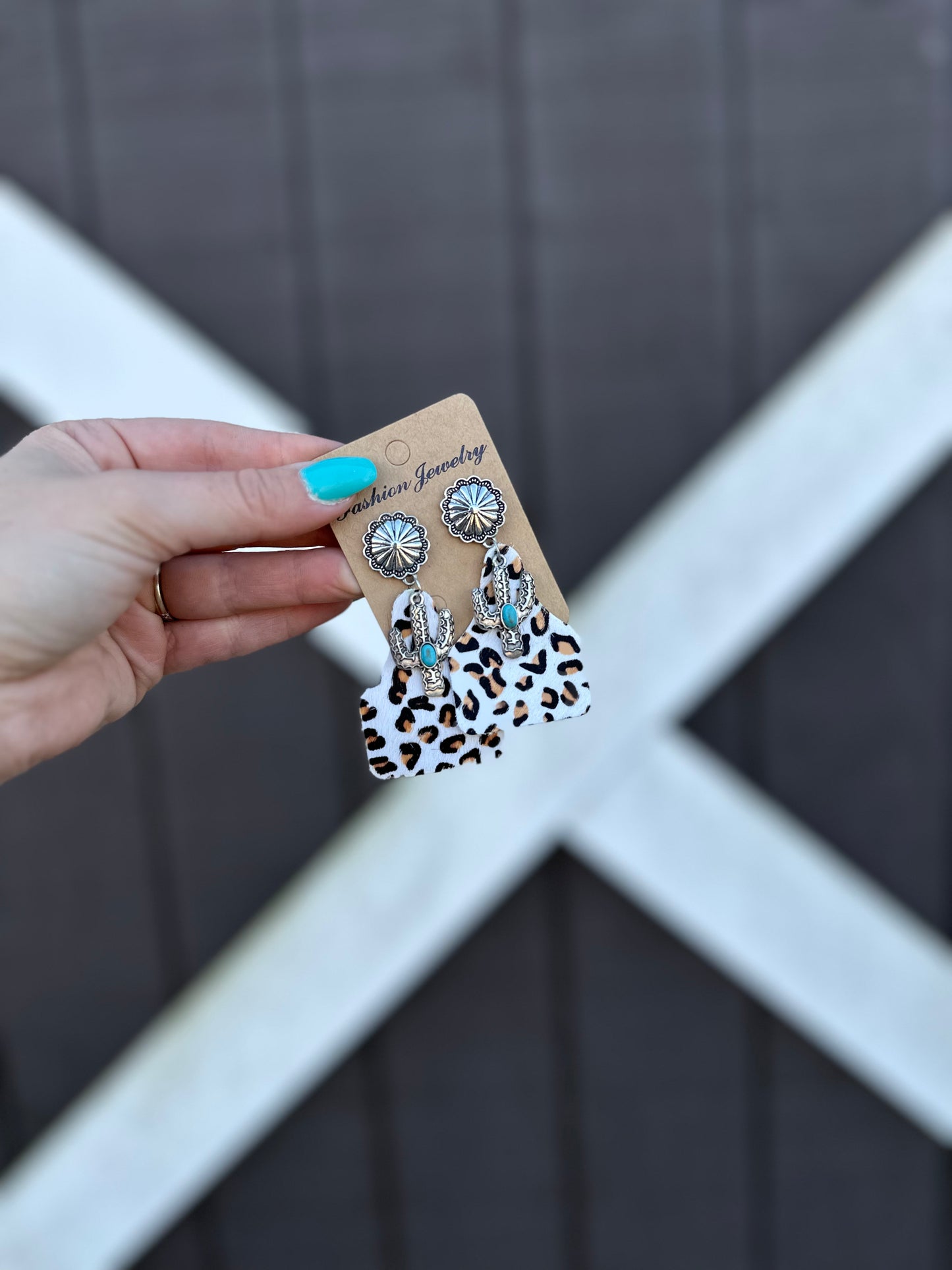 Western Animal Print Leather Cactus Turquoise Earrings