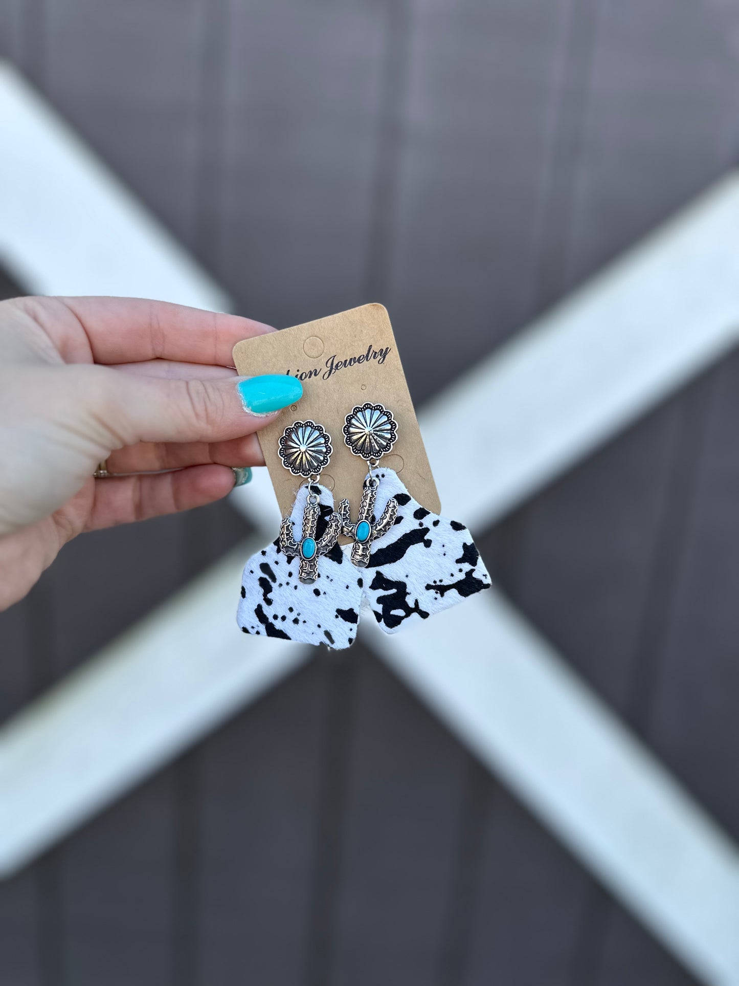 Western Animal Print Leather Cactus Turquoise Earrings