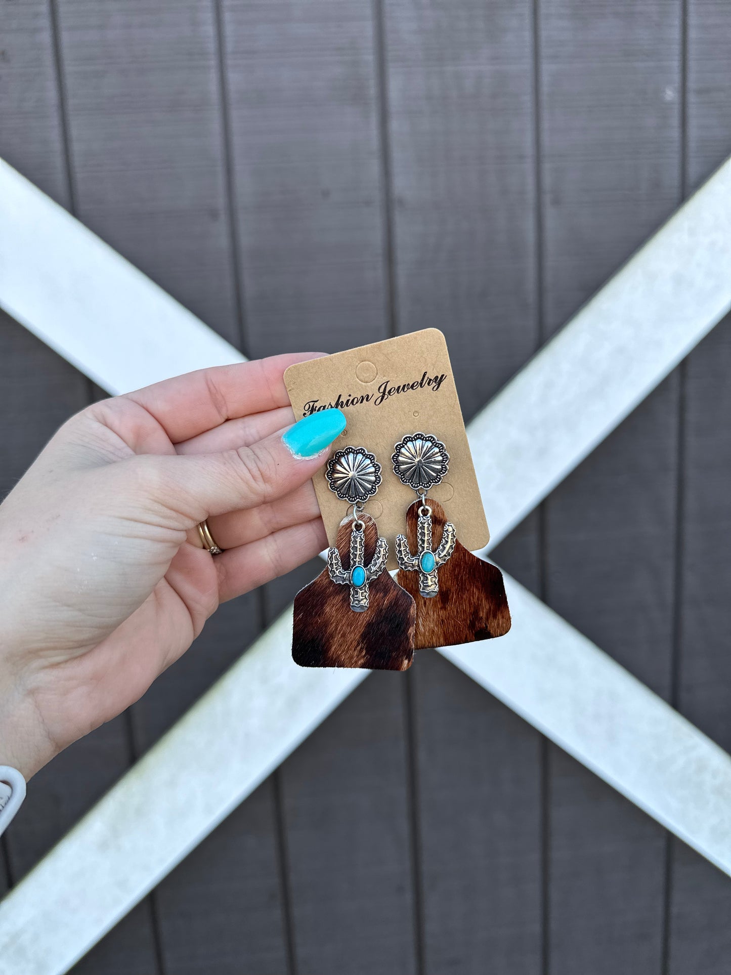 Western Animal Print Leather Cactus Turquoise Earrings