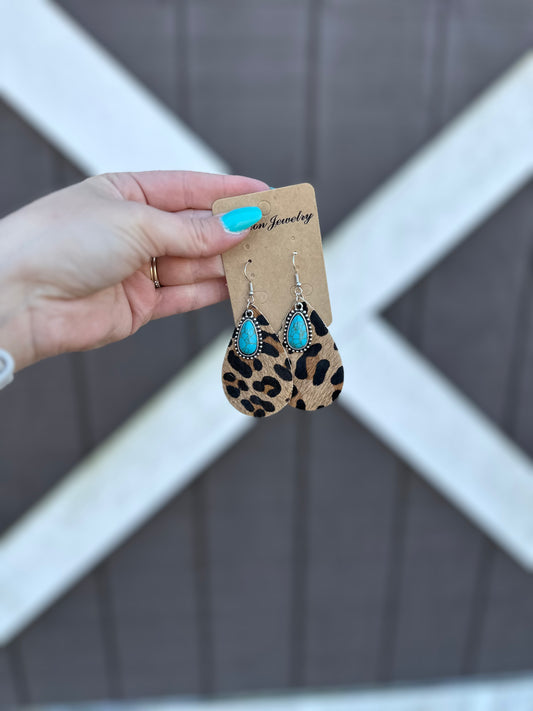 Western  Cowhide Earrings Turquoise Pendant