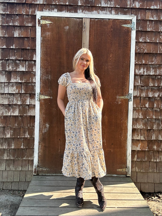 Puff Sleeve Floral Midi Dress